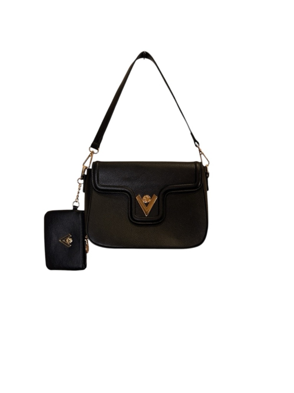 Valentino Orlandi Vegan Black Compact Shoulder Bag with Coin Purse